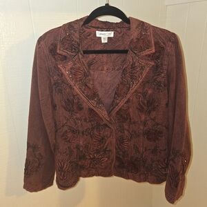 Burgundy Women's Floral Embroidery Jacket 90's